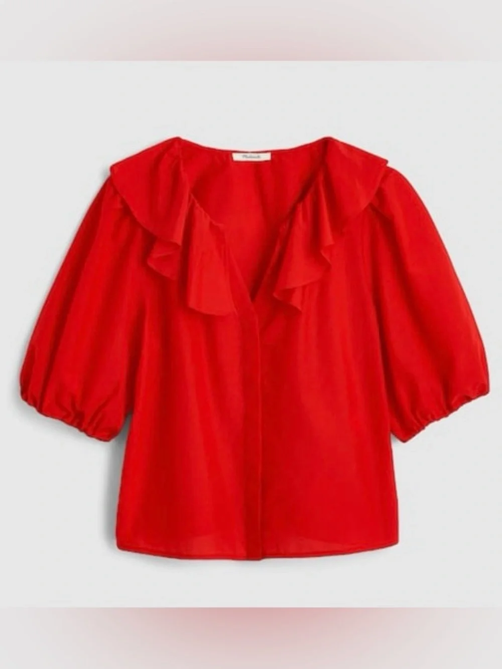 Madewell Ruffled Y-Neck Top in Cotton-Silk in Festival Red